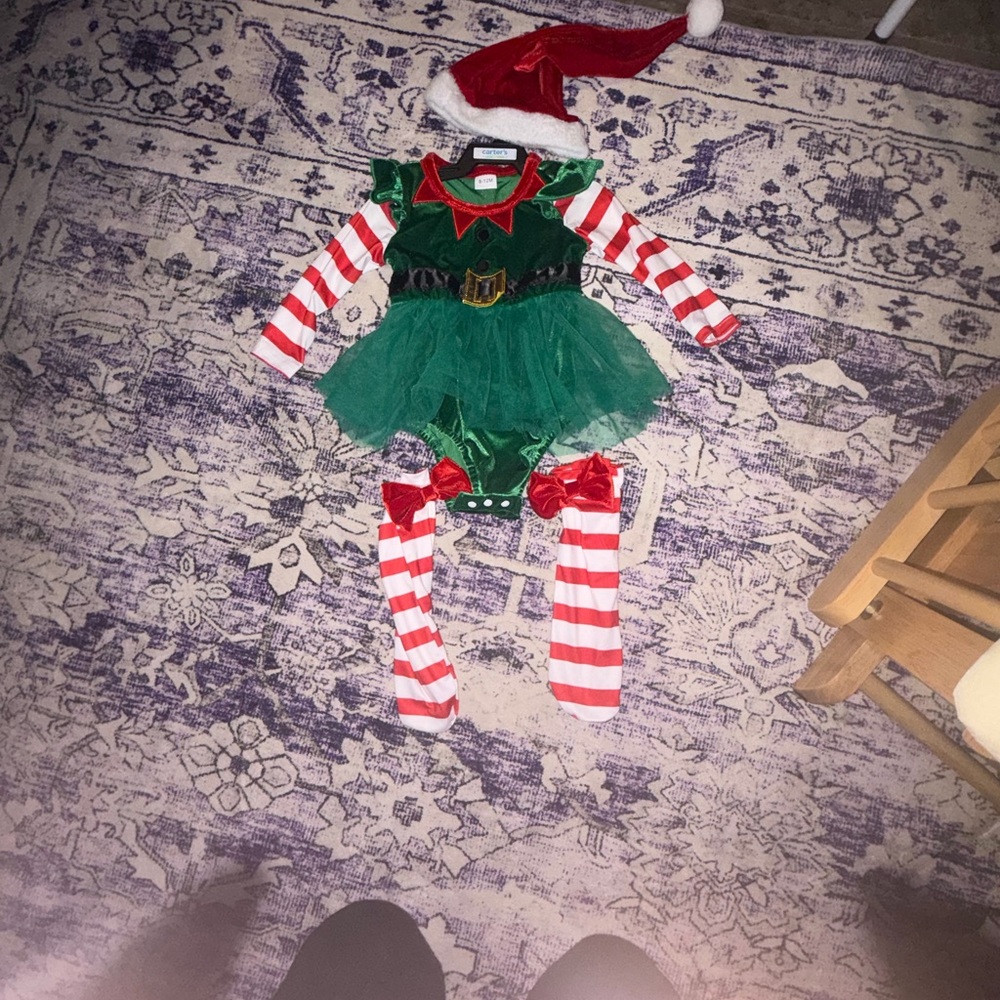 Festive Green Elf Costume with Red Stripes